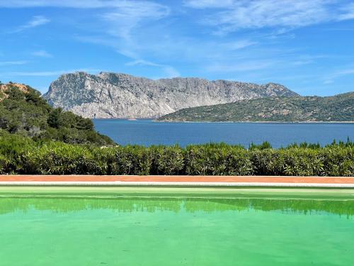 a pool of green water with mountains in the background at Punta Est bellissimo 3 camere vista mare in Capo Coda Cavallo