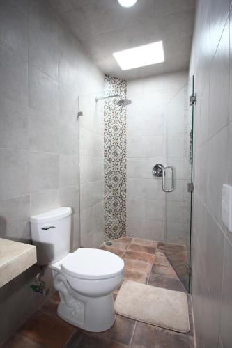 a bathroom with a toilet and a shower at Hotel Boutique Casa Téllez in Maboro