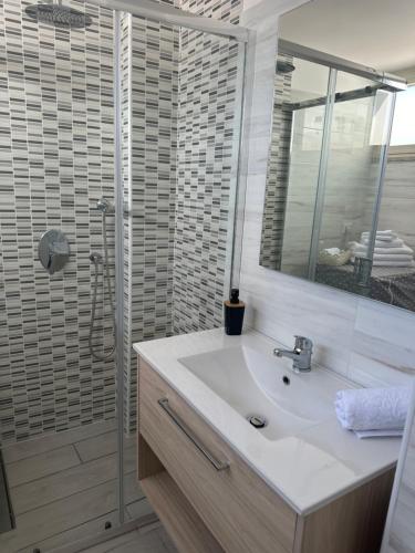 a bathroom with a sink and a shower with a mirror at Il terrazzino in Ceprano