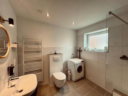 a bathroom with a toilet sink and a washing machine at M&N Apartments in Bad Bevensen