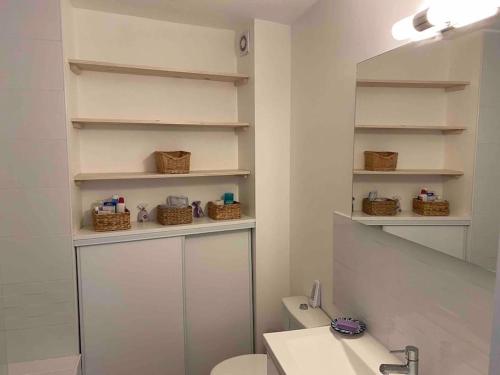 La salle de bains est pourvue de toilettes, d'un lavabo et d'étagères. dans l'établissement T3 plein centre ville Font Romeu parking couvert, à Font-Romeu-Odeillo-Via