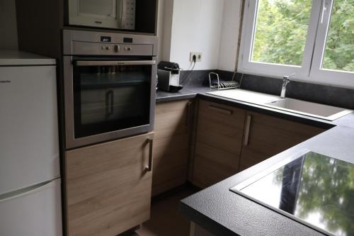 La cuisine est équipée d'un four en acier inoxydable et d'un évier. dans l'établissement Cosy Cocon - Appartement T2 - Sèvres, à Sèvres