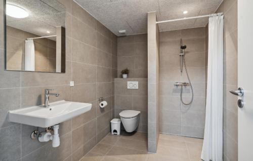 a bathroom with a sink and a shower at Nice Home In Otterup With Sauna in Otterup