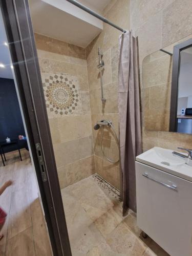 une salle de bain avec douche et lavabo dans l'établissement Studio en bord de mer avec jardin proche de Montpellier, à Villeneuve-lès-Maguelone