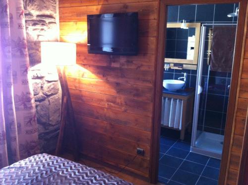 La salle de bains est pourvue d'une télévision sur un mur en bois. dans l'établissement Au Chant Des Marmites, à Saint-Lary-Soulan