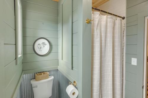 a bathroom with a toilet and a shower curtain at Stunning Red Lodge House with Hot Tub Walk to Town in Red Lodge