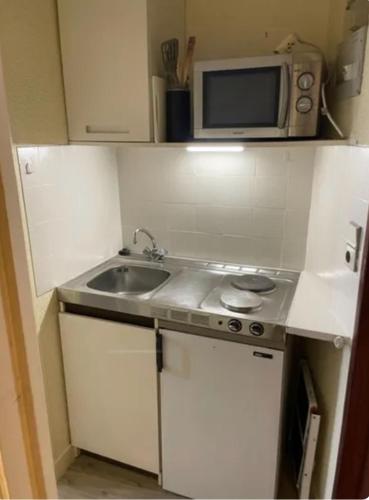 une petite cuisine avec un évier et un micro-ondes dans l'établissement LE SPLENDID - Hypercentre - Proche Opéra & Parcs - Thermes, à Vichy