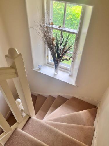 a staircase with a vase of flowers on a window at Private Room in Charming Detached House in Newington in Edinburgh