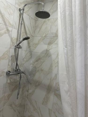 La salle de bains est pourvue d'une douche avec rideau de douche. dans l'établissement Appartement vue mer 5 min de la plage, à Cargèse