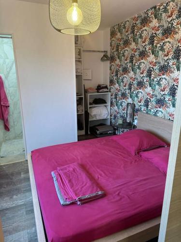 - une chambre avec un lit rose et une couverture rose dans l'établissement Appartement vue mer 5 min de la plage, à Cargèse