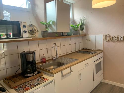 une cuisine avec un évier et un mixeur sur un comptoir dans l'établissement Appartement familial le Tanis, à Pontorson