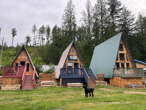a dog is standing in front of three houses at Shannaghs Sweet Escape in Powell River