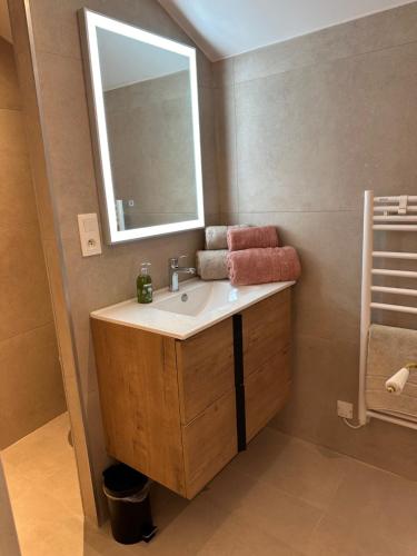 une salle de bain avec un lavabo et un miroir dans l'établissement Mas Petit Bédaride, à Arles