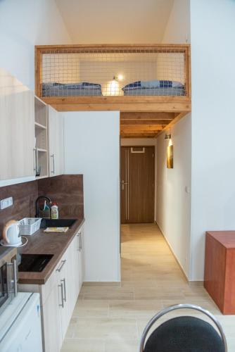 a kitchen with a bunk bed on the ceiling at Panská in Chlum u Třeboně