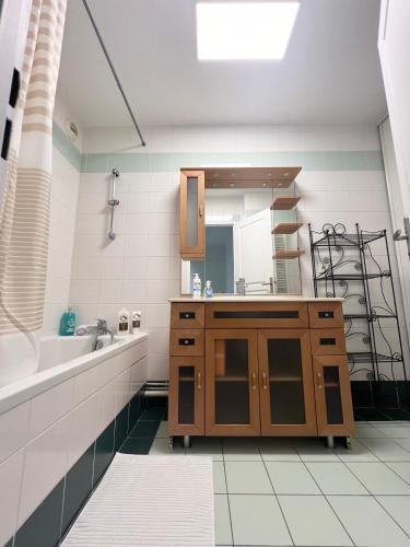 une salle de bain avec un lavabo et un miroir dans l'établissement Appartement des Lilas 25km de Paris et Disney, à Pontault-Combault