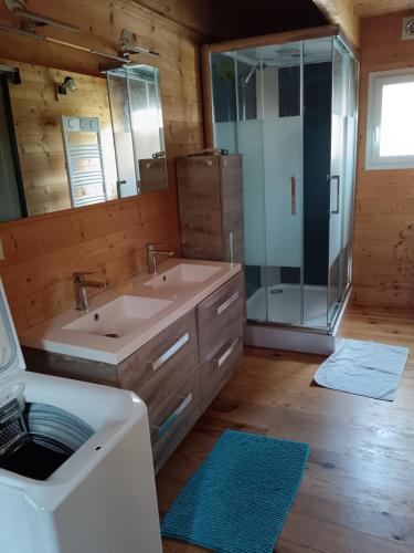 une salle de bain avec un lavabo et une douche en verre dans l'établissement Chalet 50m2 climatisé, à Montjoyer