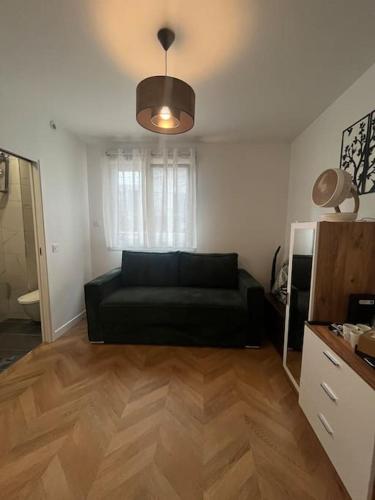 un salon avec un canapé noir dans une pièce dans l'établissement Charmant Studio aux portes de Paris, à Bagneux