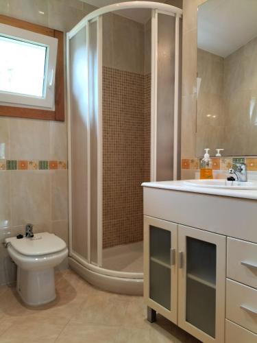 a bathroom with a shower and a toilet and a sink at A casa do castaño in Nigrán