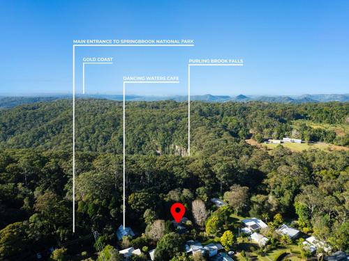 an aerial view of a forest with a red marker at The Bower at Purling Brook in Springbrook