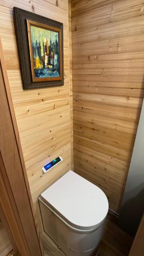 a small bathroom with a toilet and a painting at City Hideaway, Off Grid Luxe in Lancaster