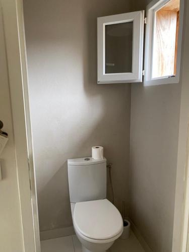 La salle de bains est pourvue de toilettes blanches et d'une armoire. dans l'établissement Petite Villa, à Lège-Cap-Ferret