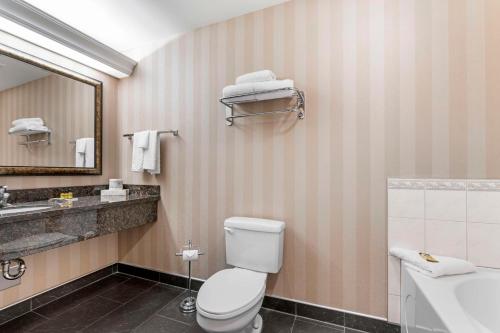 a bathroom with a toilet and a sink and a mirror at Best Western Plus Kelowna Hotel & Suites in Kelowna