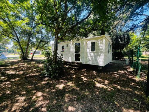 un mobil-home assis sous un arbre dans un parc dans l'établissement Mobil Home Titania, à Villemur-sur-Tarn