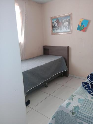 ein Schlafzimmer mit einem Bett und einem Bild an der Wand in der Unterkunft Casa para festival de inverno Garanhuns in Garanhuns