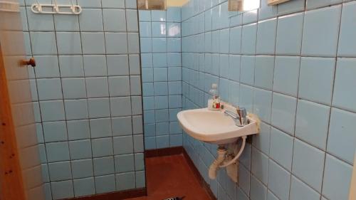 a bathroom with a sink in a blue tiled wall at Casa com varanda, 2 quartos, wi-fi, próximo ao centro da cidade in Ribeirão Preto