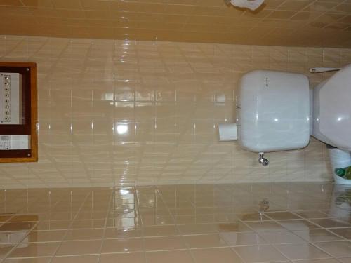 La salle de bains est pourvue de toilettes sur un mur carrelé. dans l'établissement Appartement 3 Pièces, 6 Pers, Centre des Gets, WiFi, Draps Inclus, Parking Privé - FR-1-802-17, aux Gets