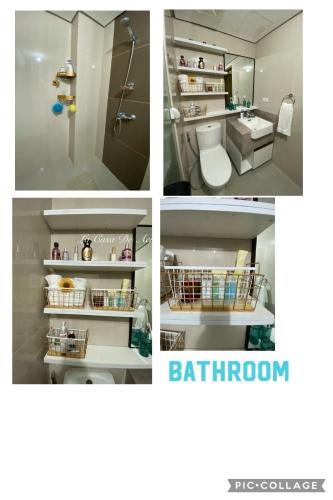 three pictures of a bathroom with a toilet and a shower at Twin Lakes Vineyard Residences La Casa De Aera in Tagaytay