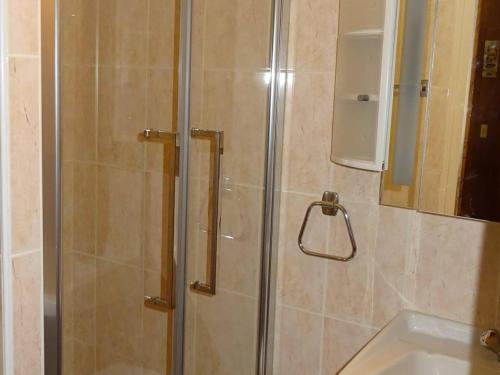 une douche avec une porte vitrée à côté d'un lavabo dans l'établissement Appartement confortable pour 5 pers - Sud, balcon, garage - 300m commerces/pistes, Les Gets - FR-1-802-67, aux Gets