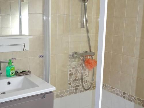 une salle de bain avec une douche avec un lavabo et une douche dans l'établissement Les Gets: 2 pièces pour 4 pers. - Confortable, Wifi, Garage, Proche Téléphérique et Commerces - FR-1-802-75, aux Gets