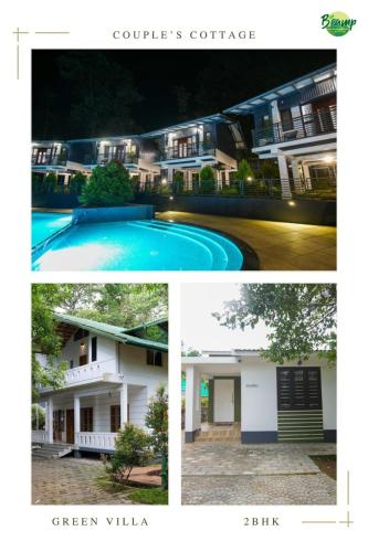 a collage of pictures of a house and a swimming pool at B'camp Resorts & Homestays in Wayanad