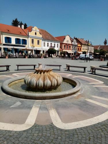 a fountain in the middle of a square with benches at Kőszeghegyalja Vendégház in Horvátzsidány