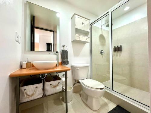 a bathroom with a toilet and a sink and a shower at Centro Histórico Flat in Mexico City