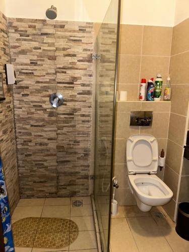 a bathroom with a shower with a toilet at Sea la Blue in Ukunda