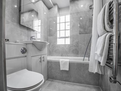 a bathroom with a toilet and a sink and a tub at Chelsea Cloisters Serviced Apartments in London