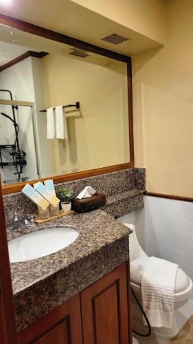 a bathroom with a sink and a toilet and a mirror at Charming Garden View,Privately Owned Deluxe Room at The Manor by Mist and Pine in Baguio