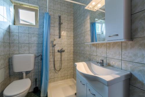 a bathroom with a sink and a toilet and a shower at Apartments Claudia in Šmrika