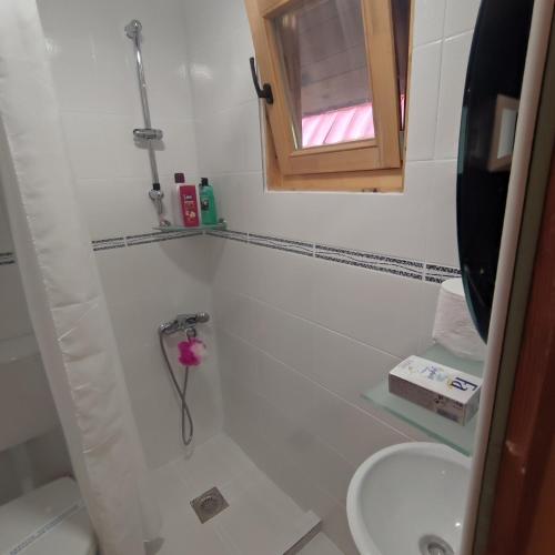 a bathroom with a sink and a toilet and a window at Seoski Turizam Feniks apartman Davidovi Psalmi in Kosjerić
