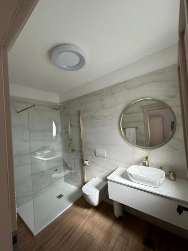 a bathroom with a toilet and a sink and a mirror at House Yara Dalmatia in Kruševo