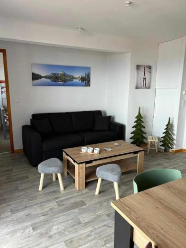 un salon avec un canapé noir et une table dans l'établissement Appartement tout confort, à Thollon-les-Mémises