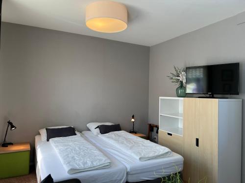 Un dormitorio con dos camas y un televisor de pantalla plana. en Texelheerlijk 2, en De Koog