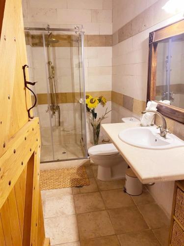 a bathroom with a shower and a toilet and a sink at Casa Picimenti Zakynthos Marathias Swimming Pool Ground Floor Villa in Marathias