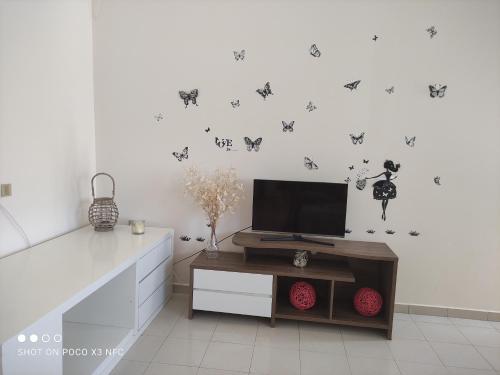 Televízia a/alebo spoločenská miestnosť v ubytovaní Manousos apartment