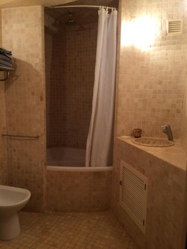 une salle de bain avec une baignoire, un lavabo et une douche dans l'établissement La Sanglière, à Ampus