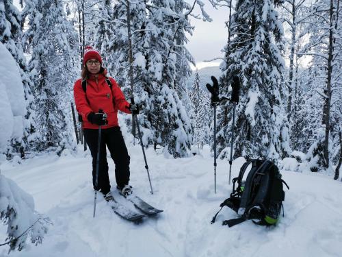 a woman on skis in the snow with a backpack at Guesthouse Koli Freetime in Ahmovaara