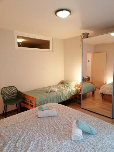a hotel room with two beds and a mirror at Antwerp horizon in Borsbeek