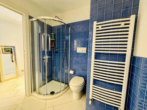 une salle de bain carrelée bleue avec douche et toilettes dans l'établissement Art de vivre sur la Promenade, à Nice